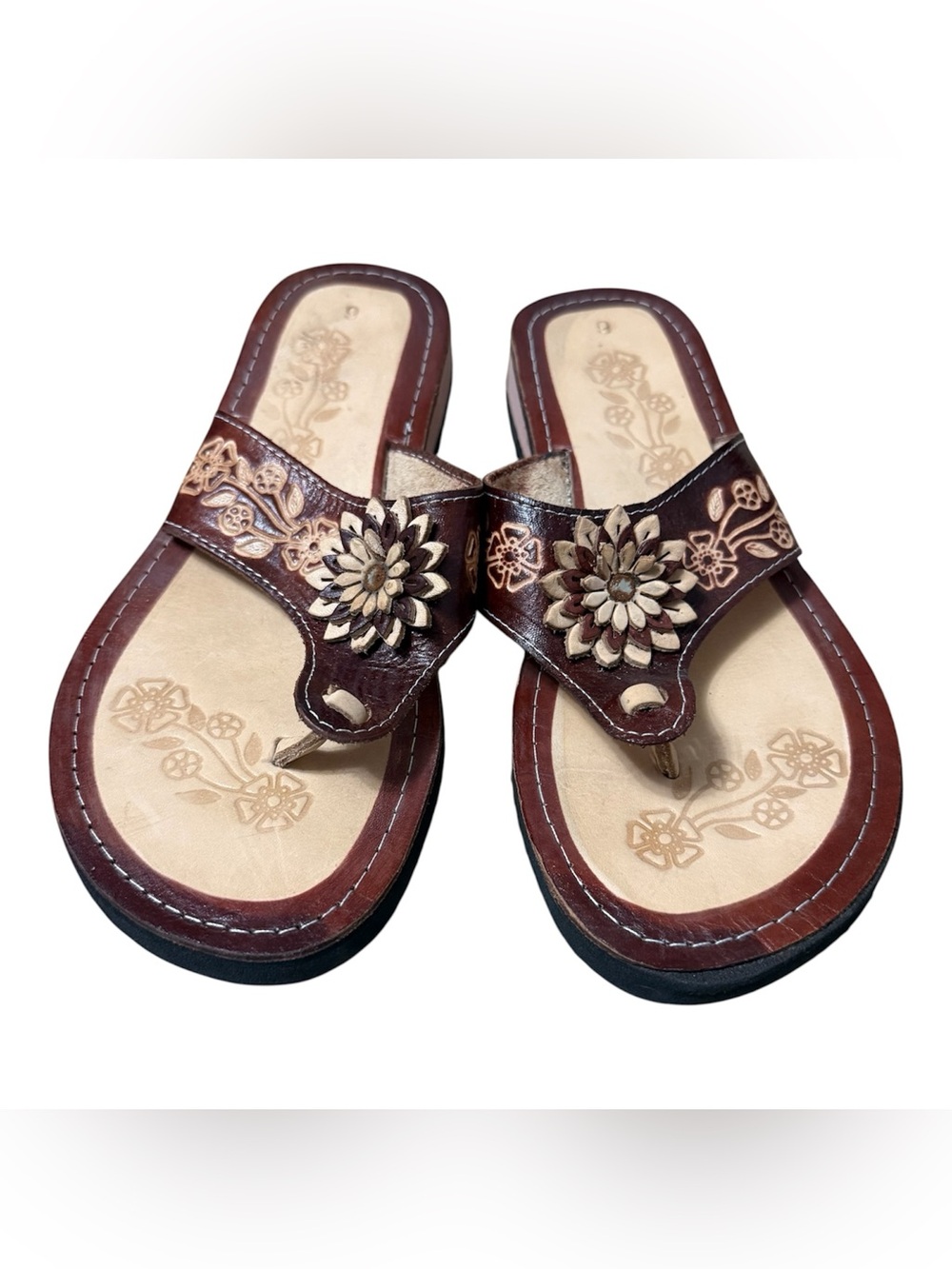 Huarache Sandals Tooled Leather Floral Boho Western Thong Slip On Brown Womens 9